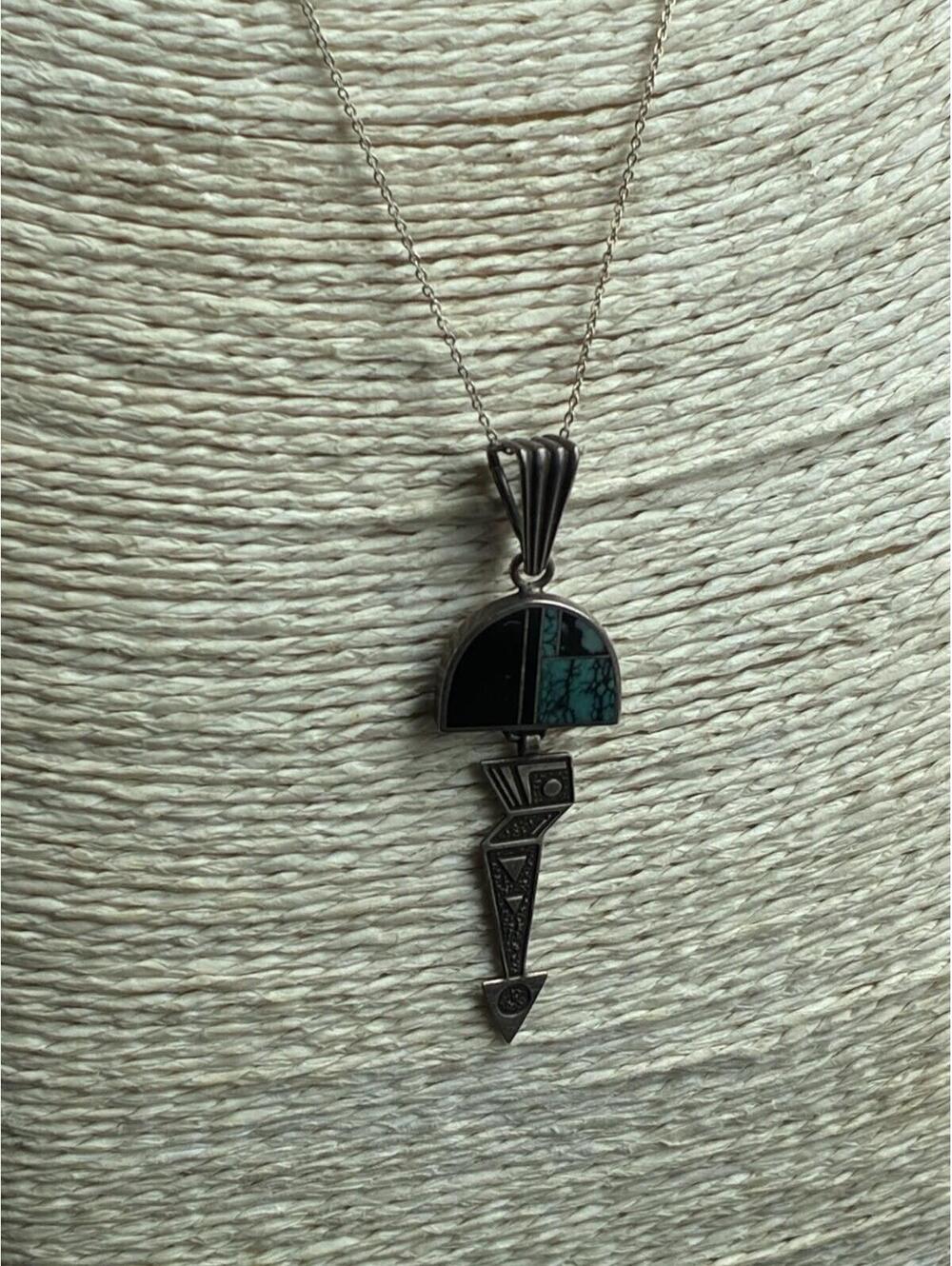 Ray Tracey Sterling Turquoise Onyx Pendant Necklace Navajo 18” Chain - Picture 9 of 9